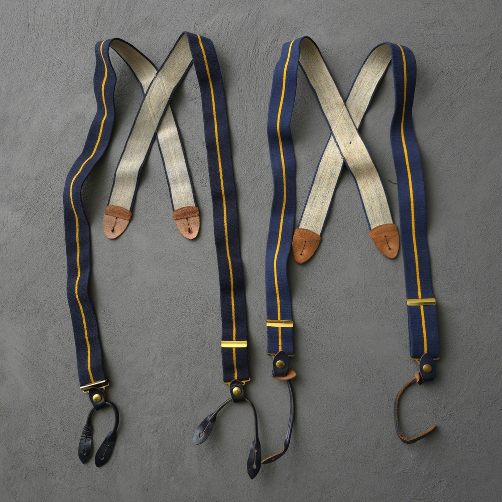 Vintage 1950s Blue Yellow RCMP Police Suspenders Set of 2 Striped Leather Brass
